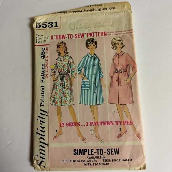 Simplicity Sewing Pattern 5531 Juniors Teens House Robe Size 14 Housecoat - Picture 1 of 6